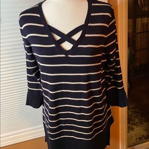 Isela Large Tunic Sweater Navy & White 3/4 Sleeves